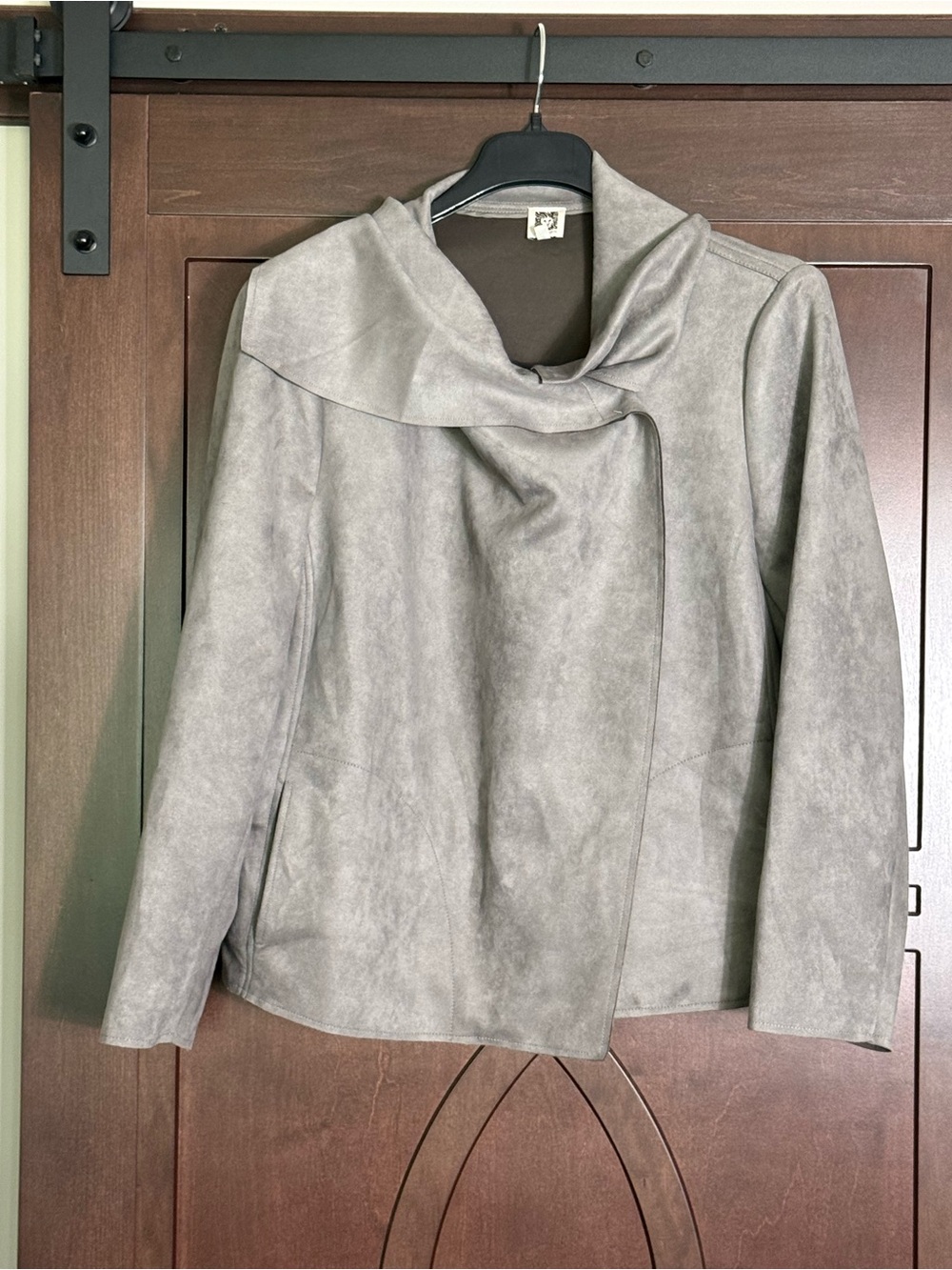 Anne Klein Microsuede Light Gray Jacket with Snap Cowl Collar.  Plus Size